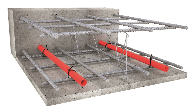 Aufbau einer thermischen Bauteilaktivierung (3D Modell) Durch die einbetonierten Rohrleitungen wird je nach Bedarf warmes oder kühles Wasser geleitet. © Z+B